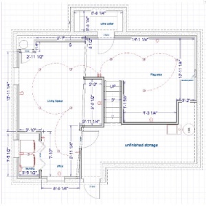 Architectural blueprint with detailed room layouts and measurements on grid paper.