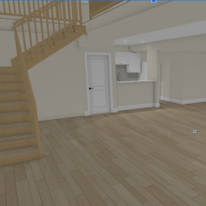 3D rendering of a basement with wooden stairs, a kitchen area, and spacious flooring.