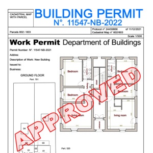 Building permit with floor plan marked "APPROVED" by the city's Department of Buildings.
